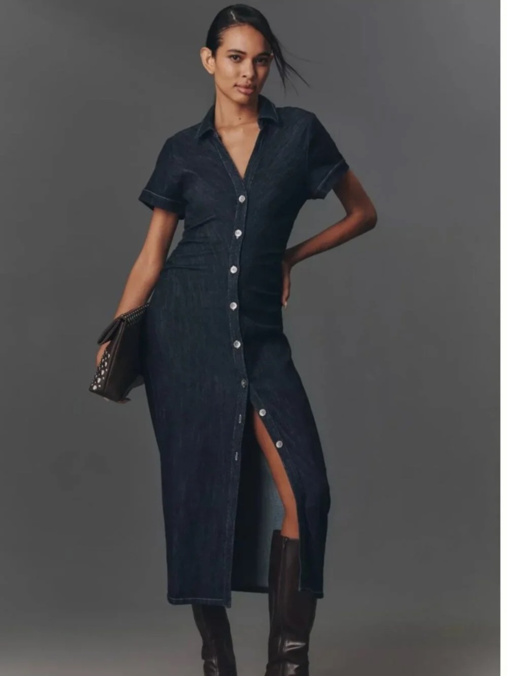 Anthropologie Greer Denim Midi Shirtdress by Pilcro in Midnight Wash Denim - Picture 1 of 9